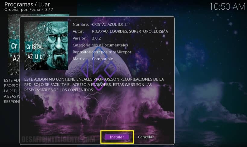 instalar cristal azul desde luar